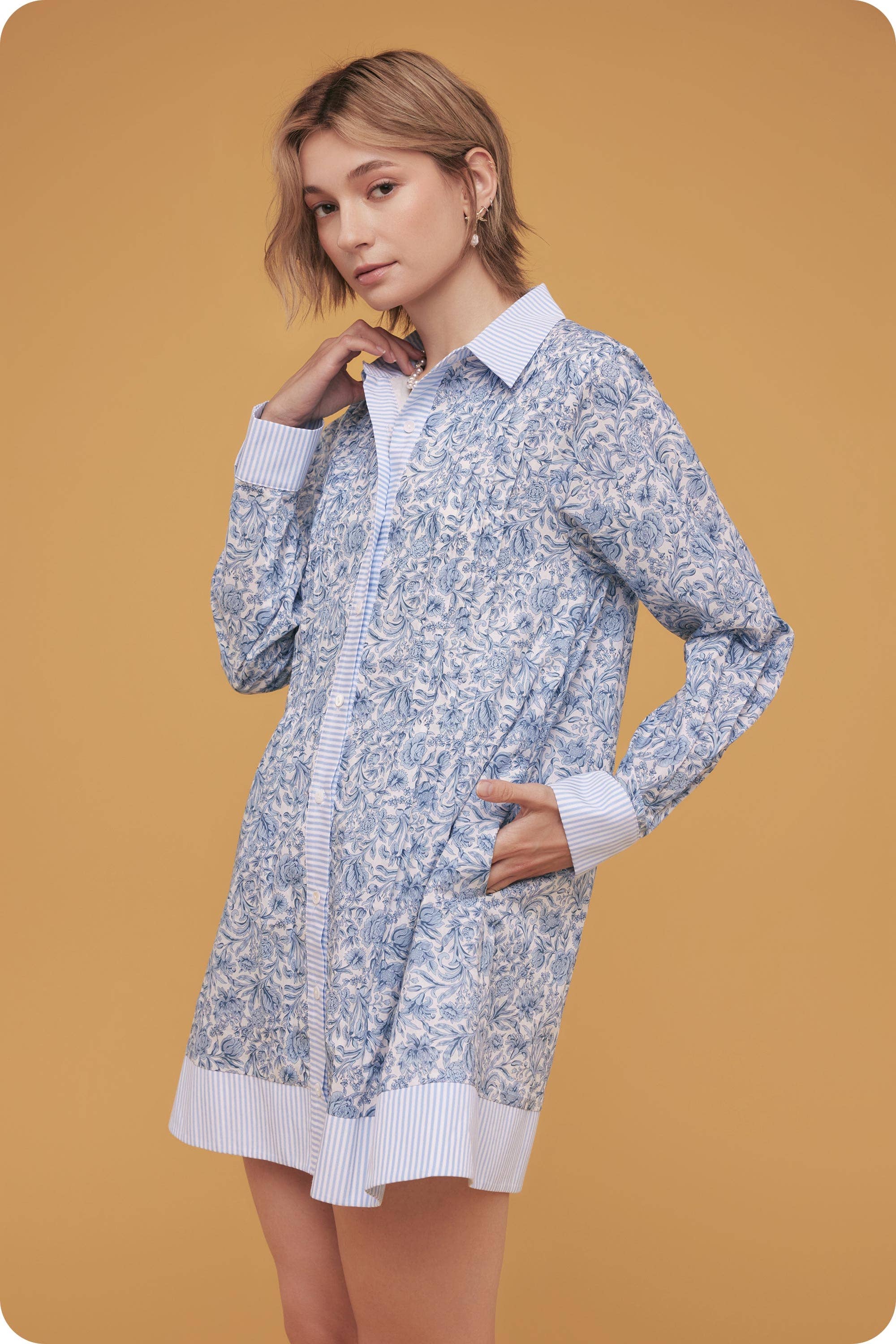 Floral Print Stripe Contrast Shirt Mini Dress