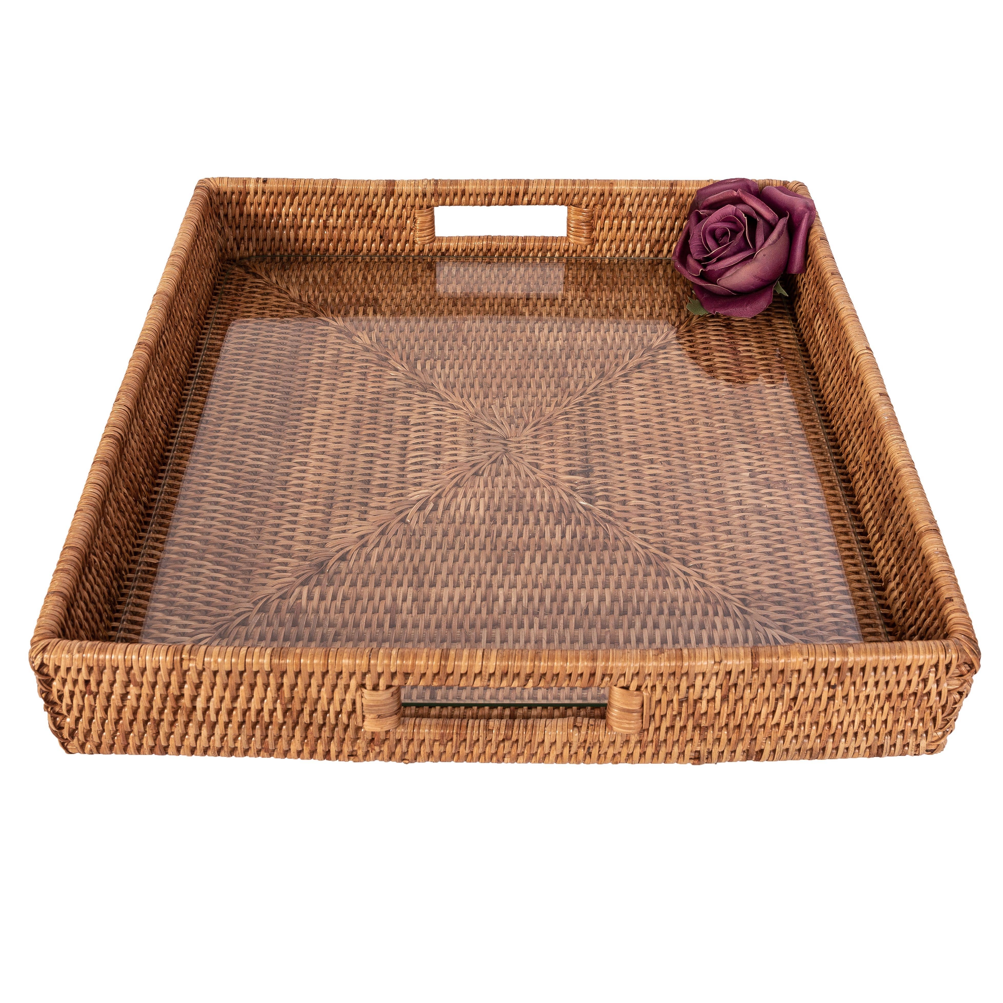 Rattan Square Serving Tray with Glass Insert
