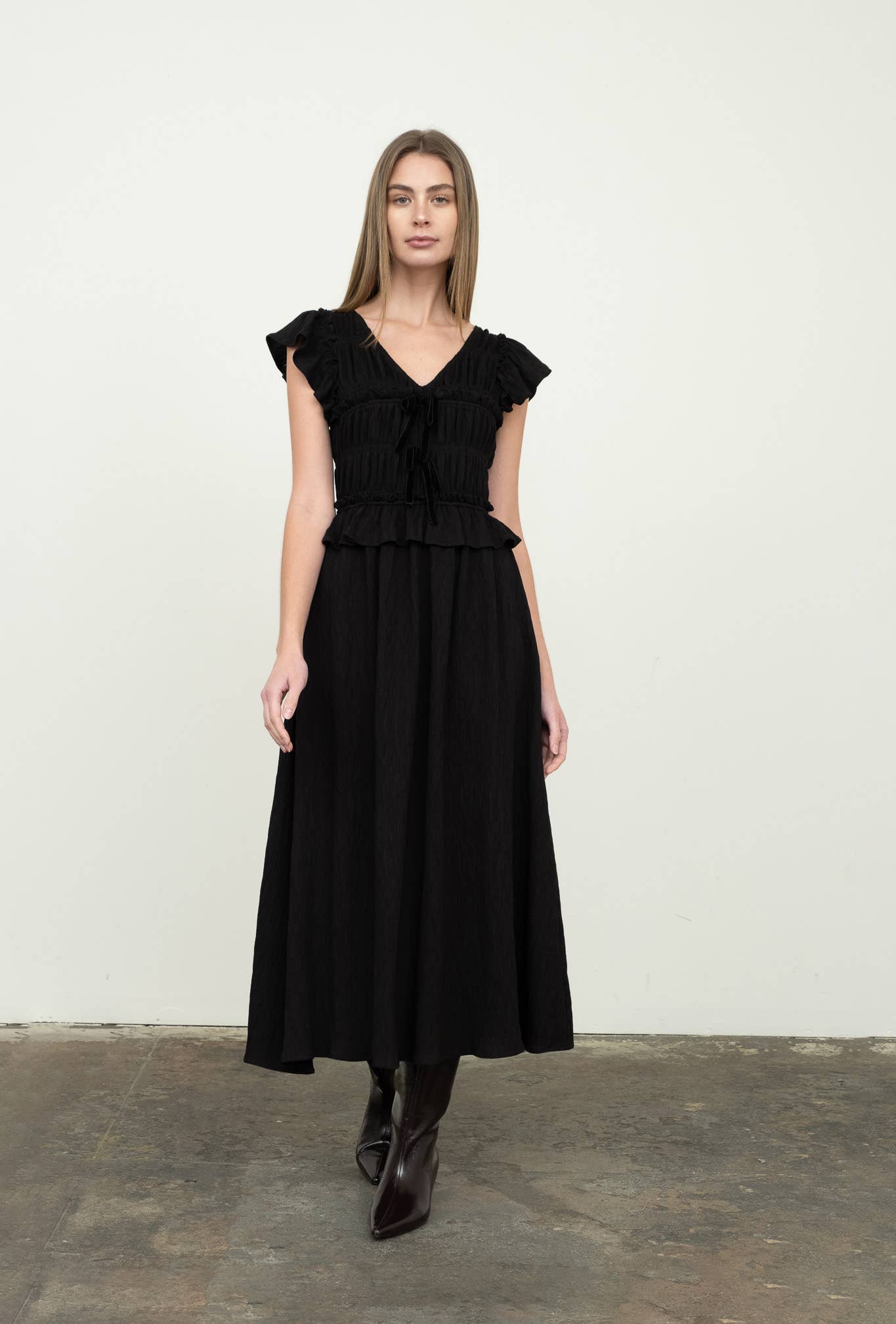 SHIRRED V NECK RUFFLE TRIM MIDI DRESS