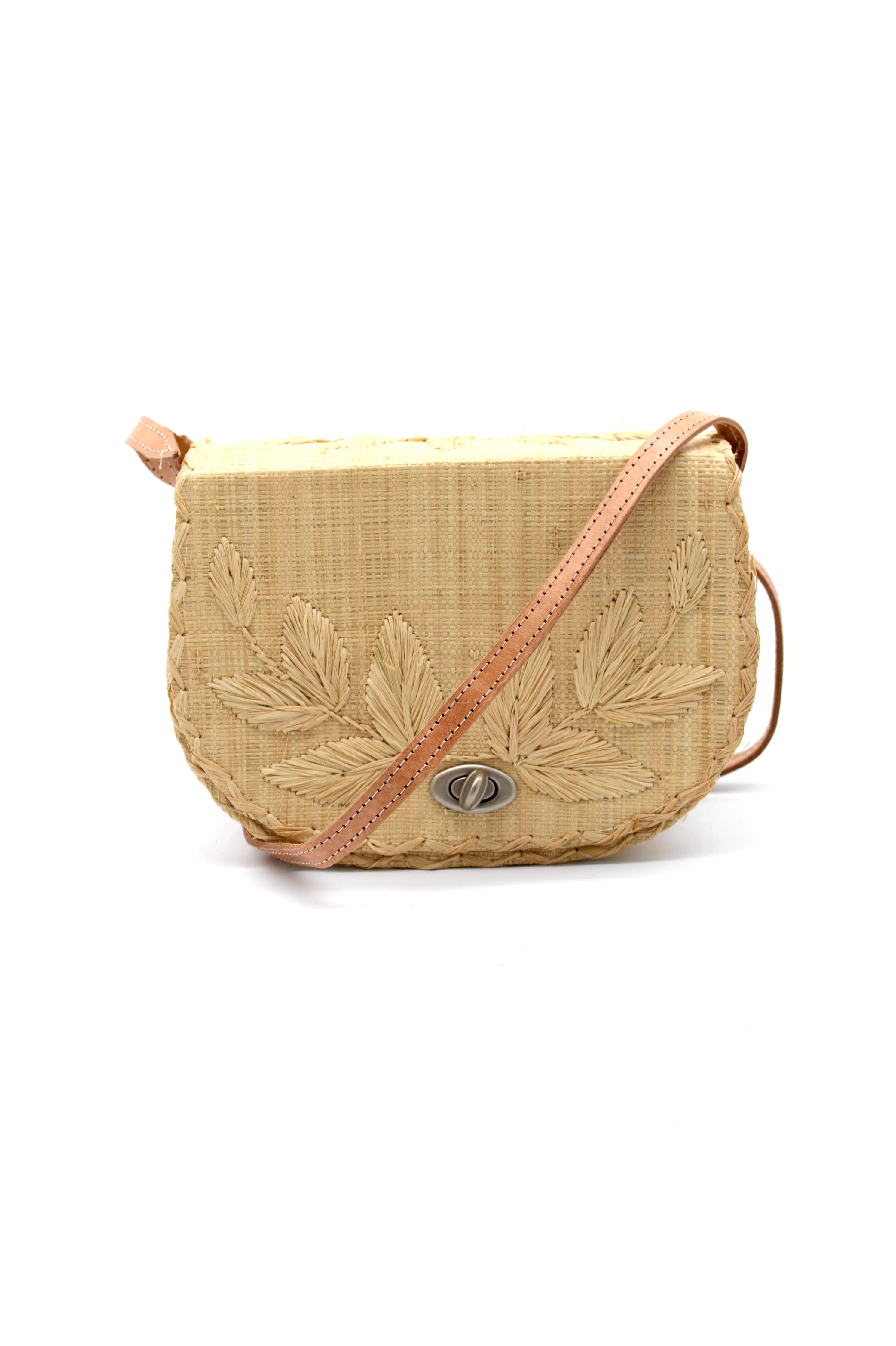 70's Embroidered Vines Straw Crossbody Bag