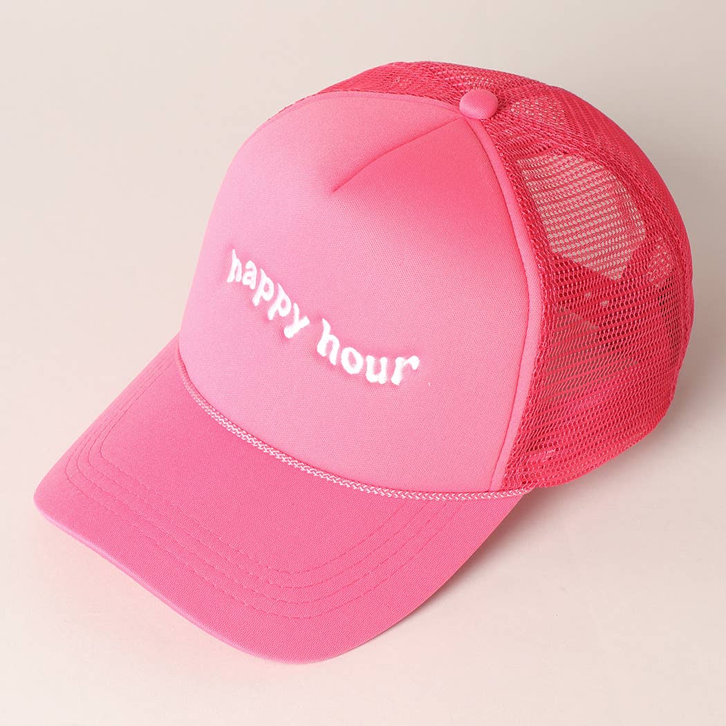 Happy Hour Embroidered Trucker Cap- Pink