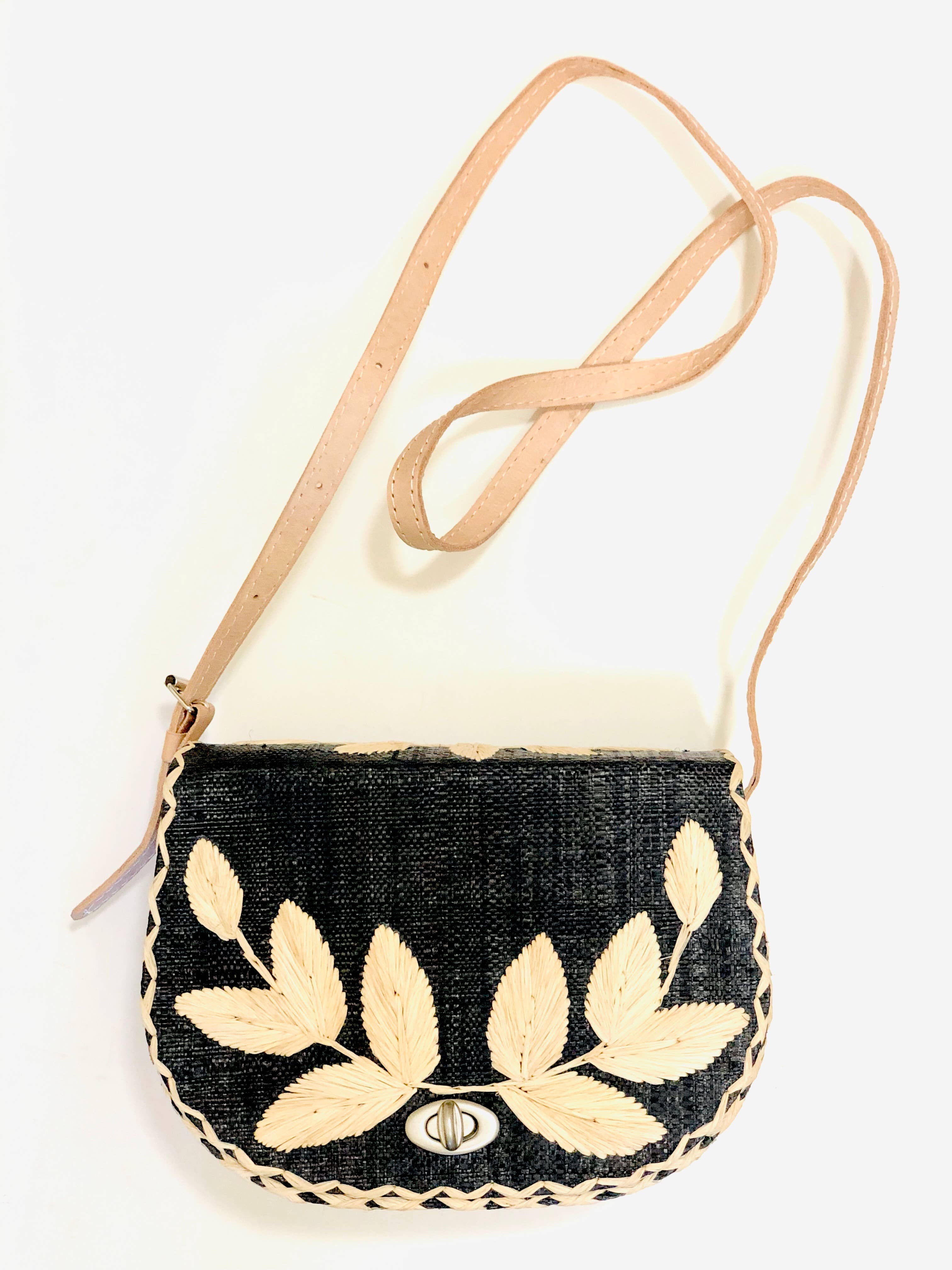 70's Embroidered Vines Straw Crossbody Bag