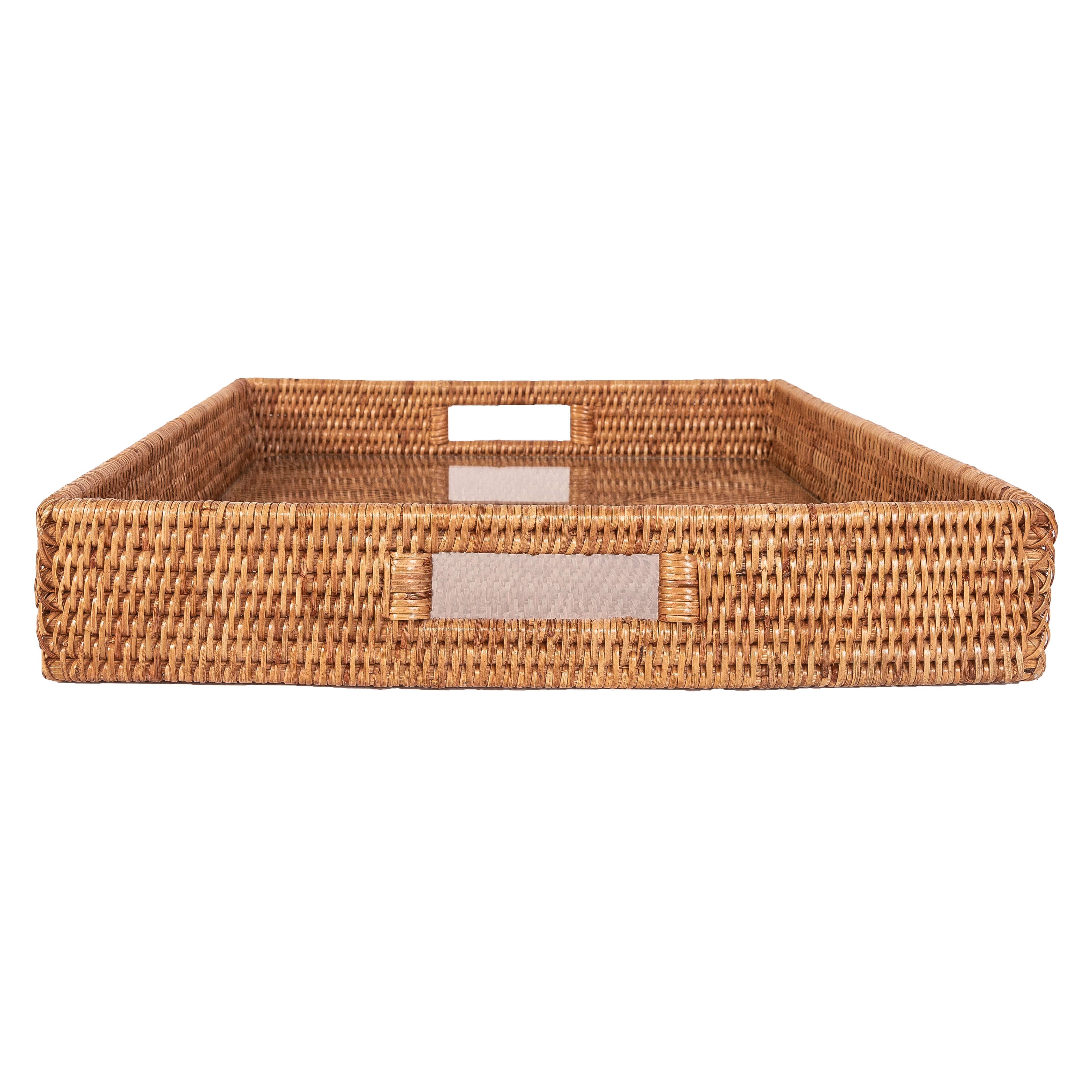 Rattan Square Serving Tray with Glass Insert