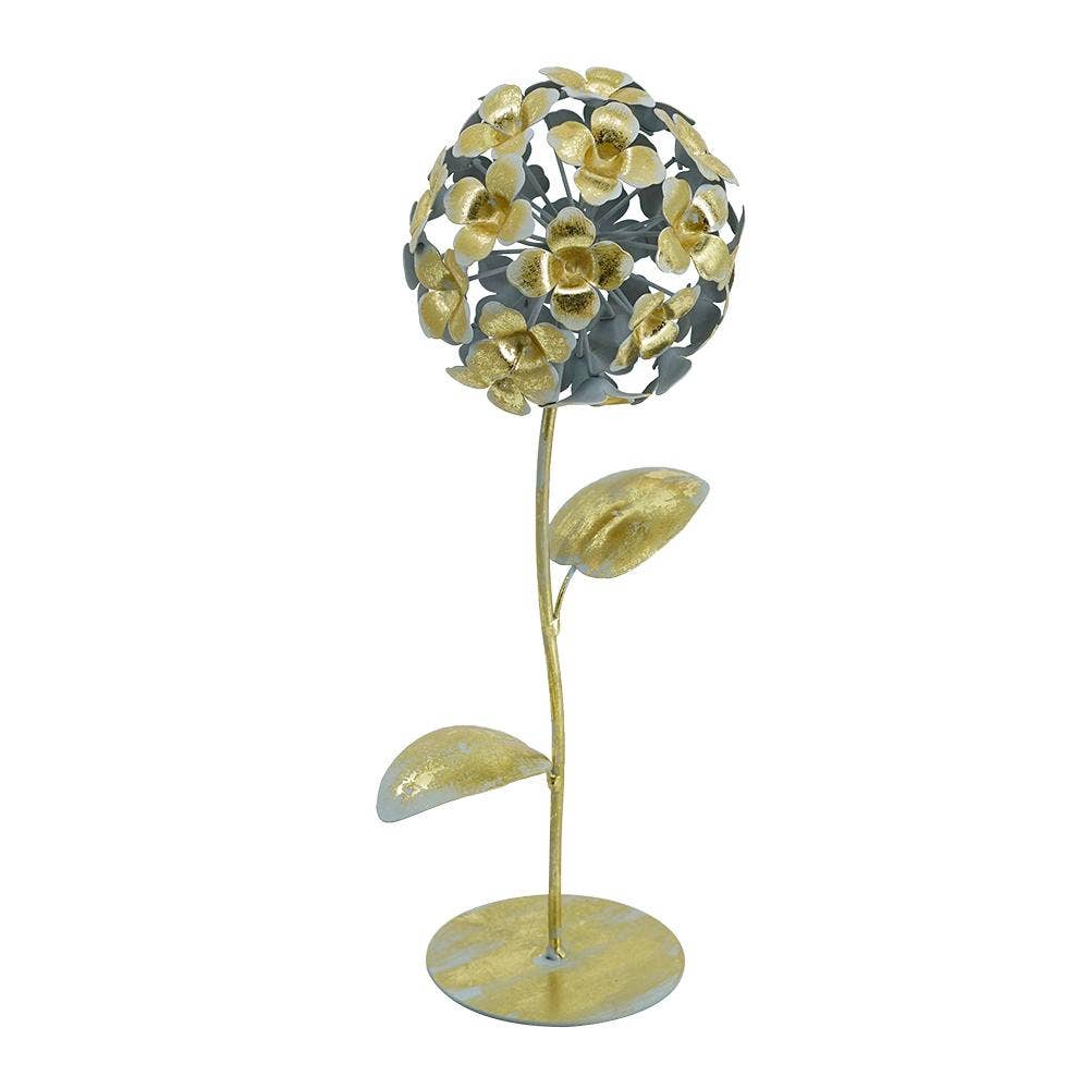 5x5x14" Gold Iron Hydrangea Statue on Round Base