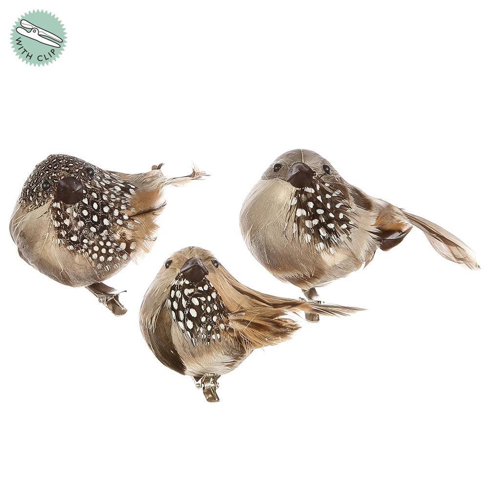 9" Bird Brown Feathered Bird with clip (set of 3)