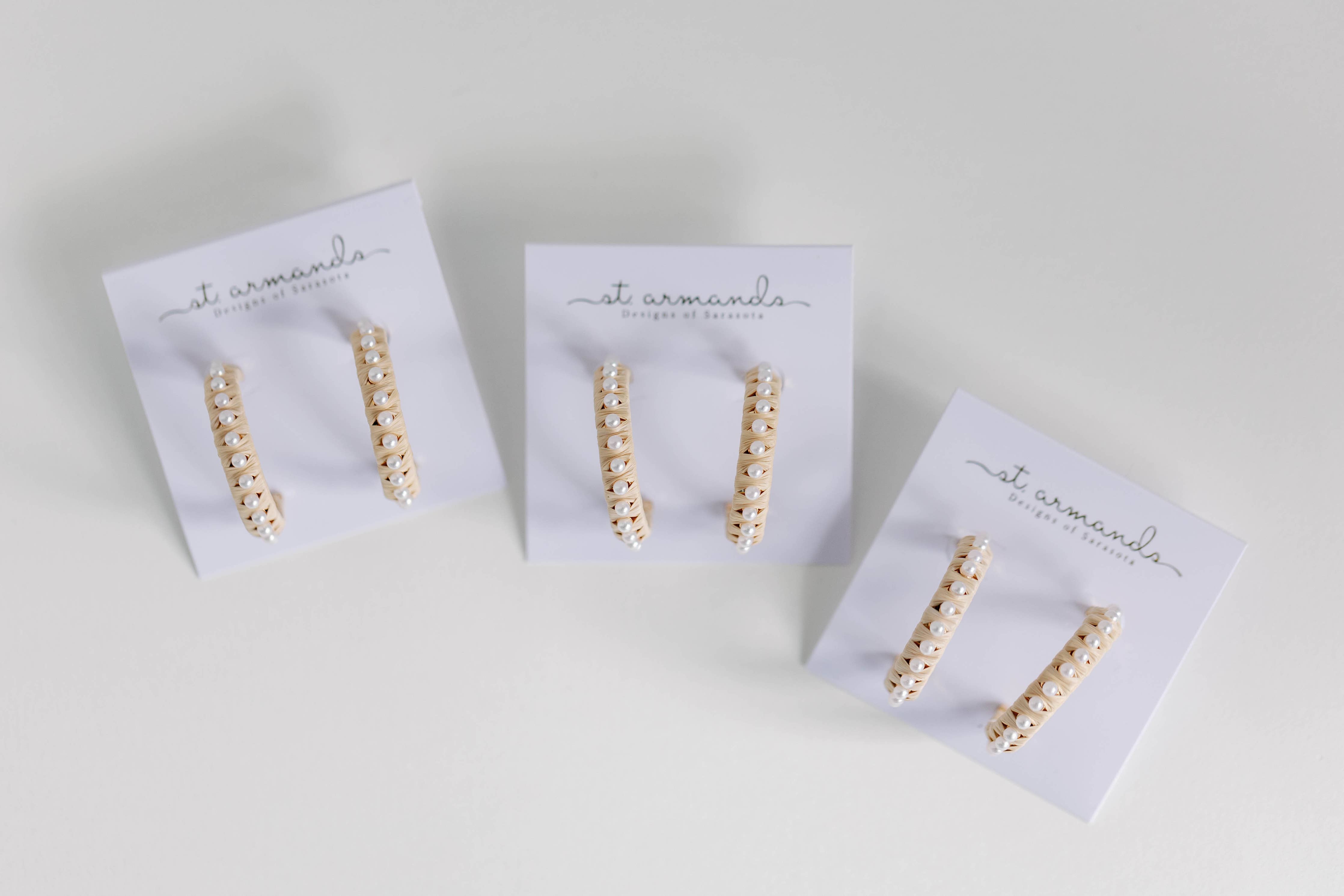 Natural Studded Pearl Raffia Statement Hoop Earrings