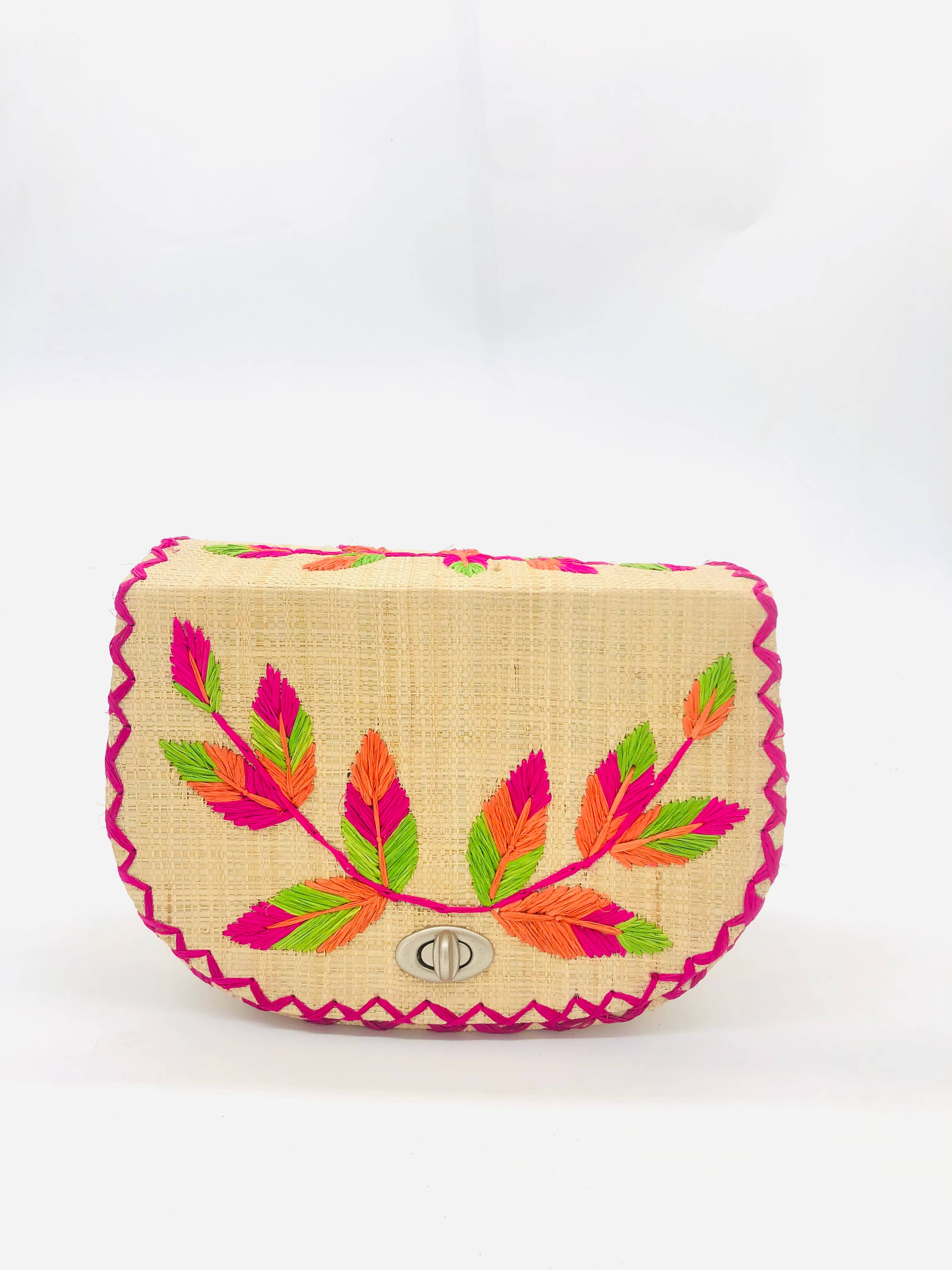 70's Embroidered Vines Straw Crossbody Bag