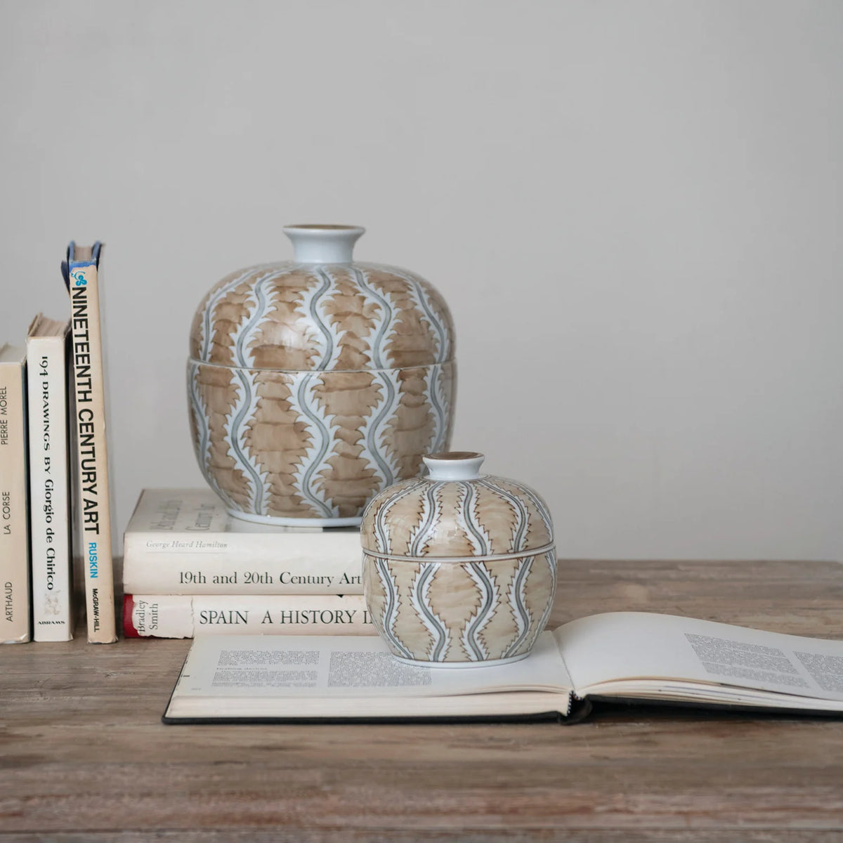 Tan Hand Painted Stoneware Jar w/ Design