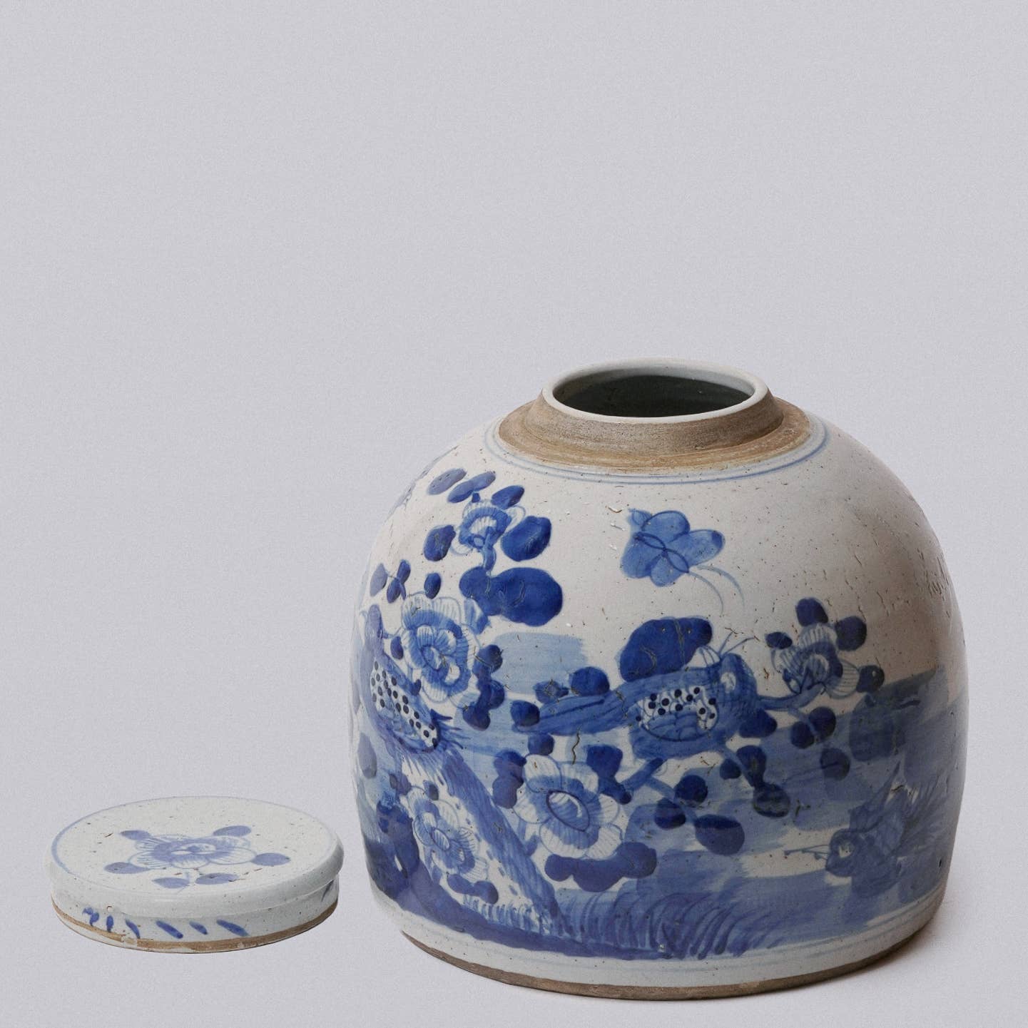 Blue & White Porcelain Bird & Flower Large Round Storage Jar