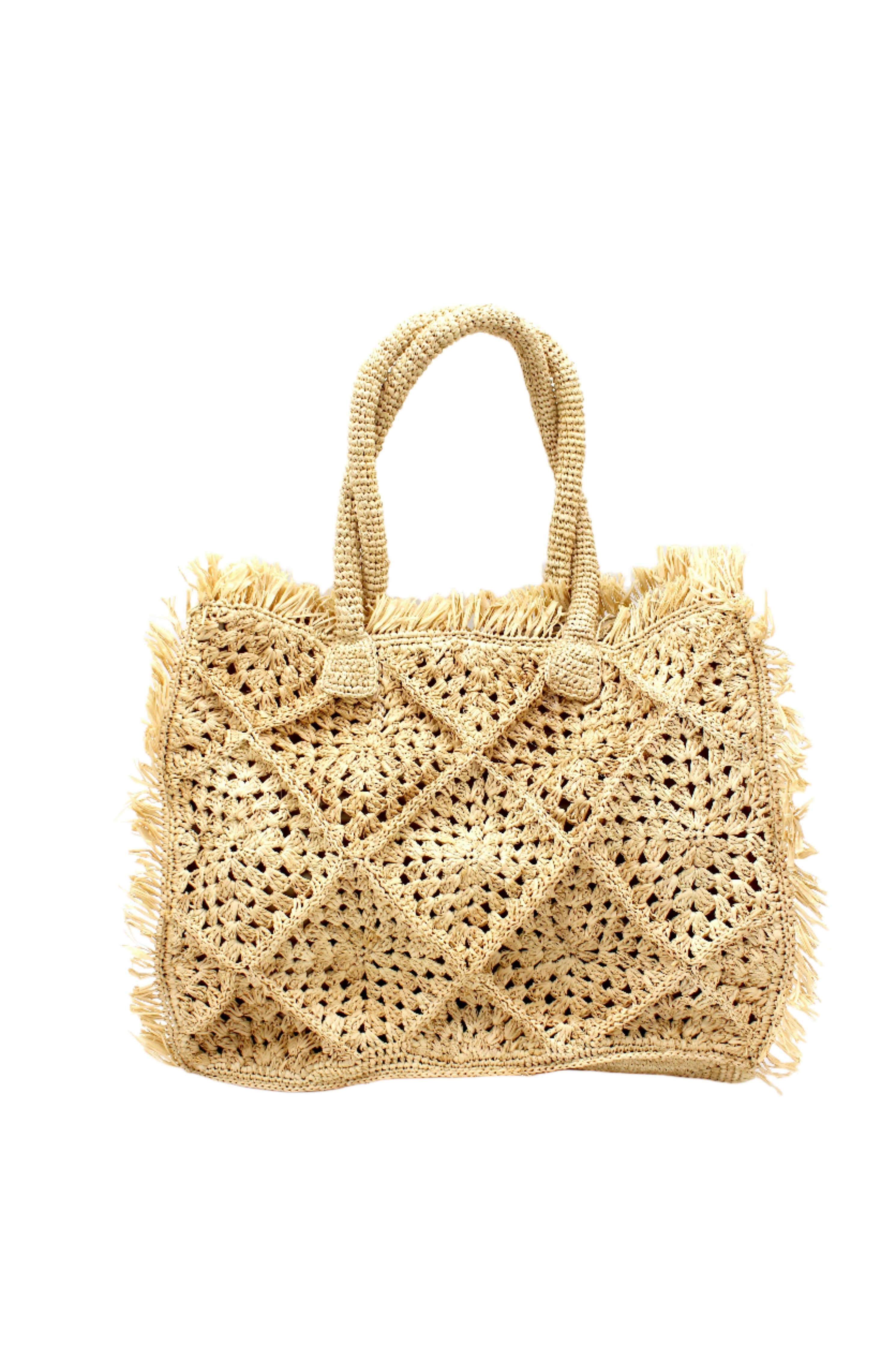 Leo Crochet Granny Square Pattern Handbag with Fringe Edge
