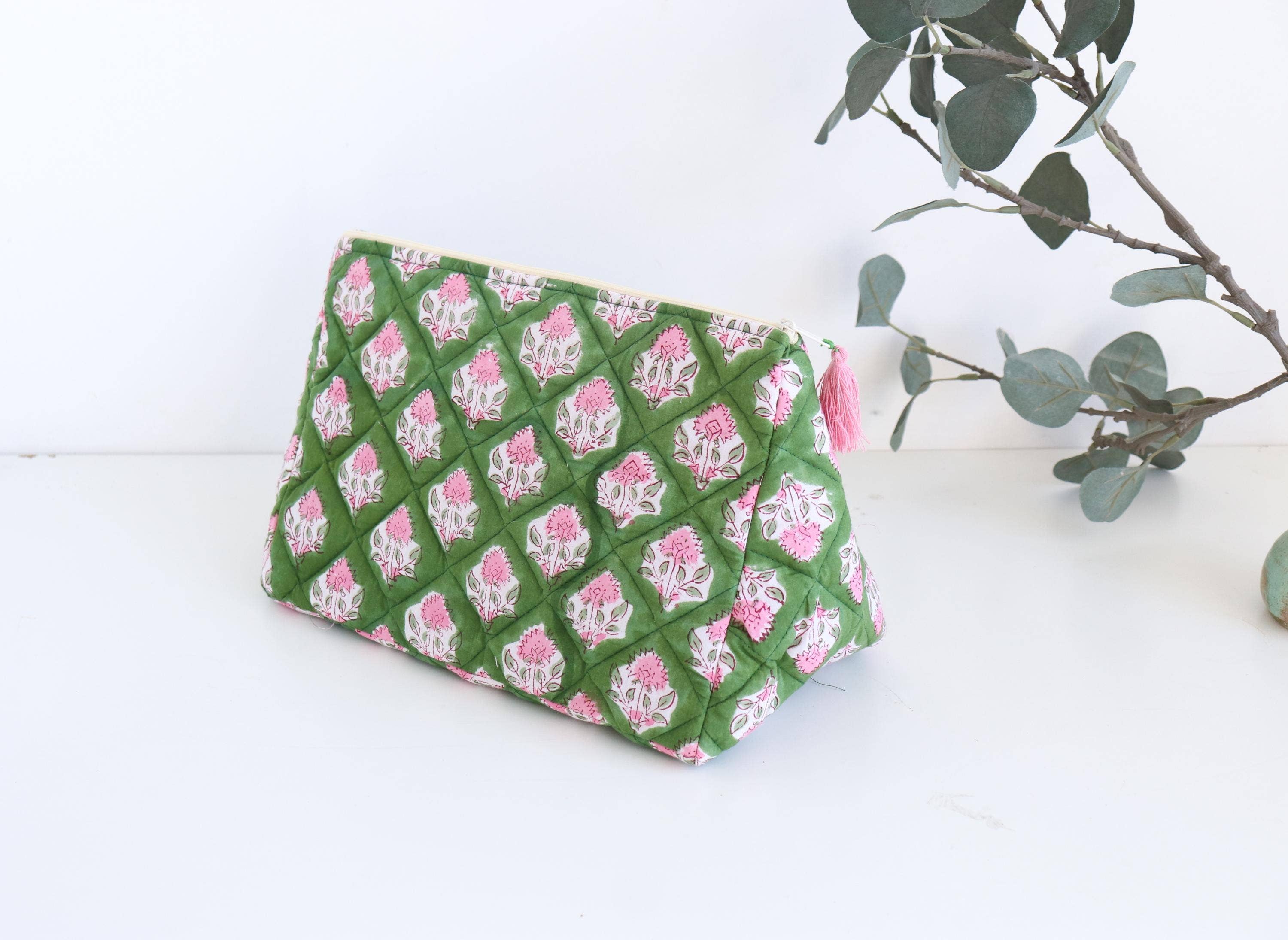 Boho Cotton Triangle Pouch- Pink and Green Floral