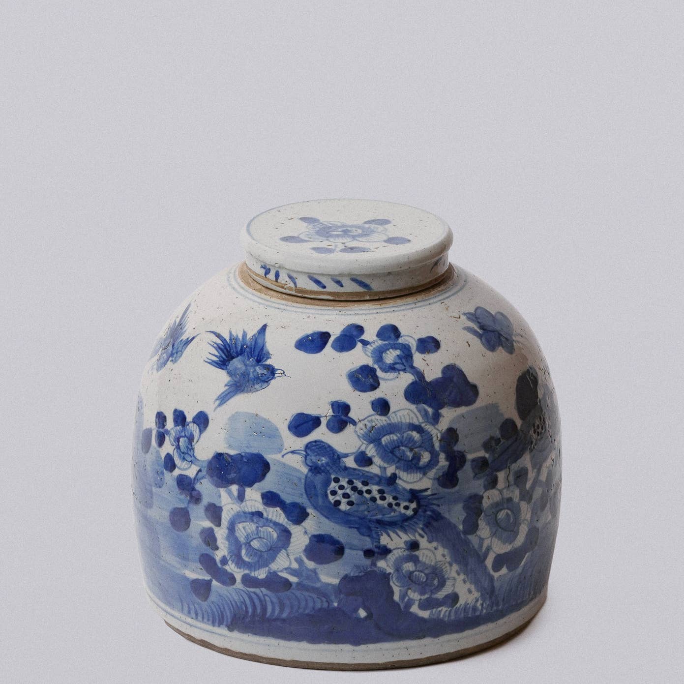 Blue & White Porcelain Bird & Flower Large Round Storage Jar