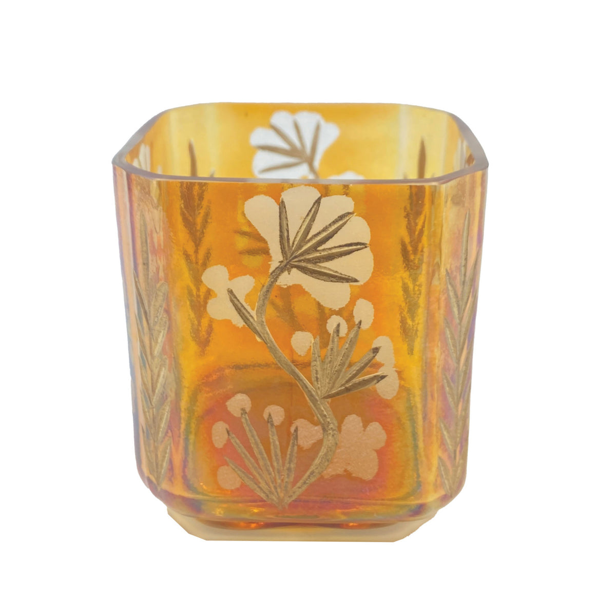 Iridescent Amber Etched Glass Tealight/Votive Holder